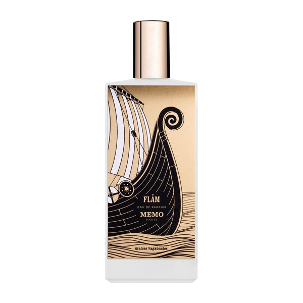 Memo Paris - Flåm Parfumflakon mit grafischem Wikingerschiff und roségoldenem Verschluss vor weißem Hintergrund