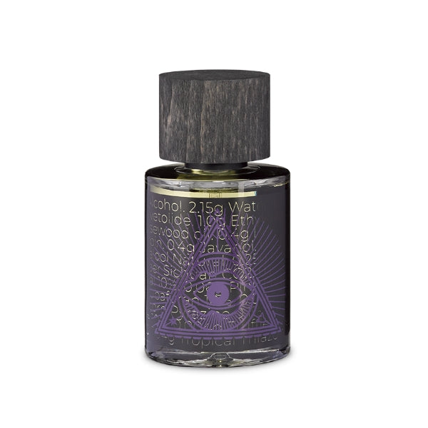 PERFUME.SUCKS - Flash 0021 Parfumflakon mit dunklem Holzkopf und psychedelischem Auge im Dreieck auf lilafarbenem Hintergrund