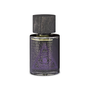 PERFUME.SUCKS - Flash 0021 Parfumflakon mit dunklem Holzkopf und psychedelischem Auge im Dreieck auf lilafarbenem Hintergrund