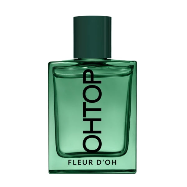 OHTOP - Fleur d'Oh Parfumflakon in klarem grün mit schlichtem Design und schwarzem Schriftzug auf weißem Hintergrund