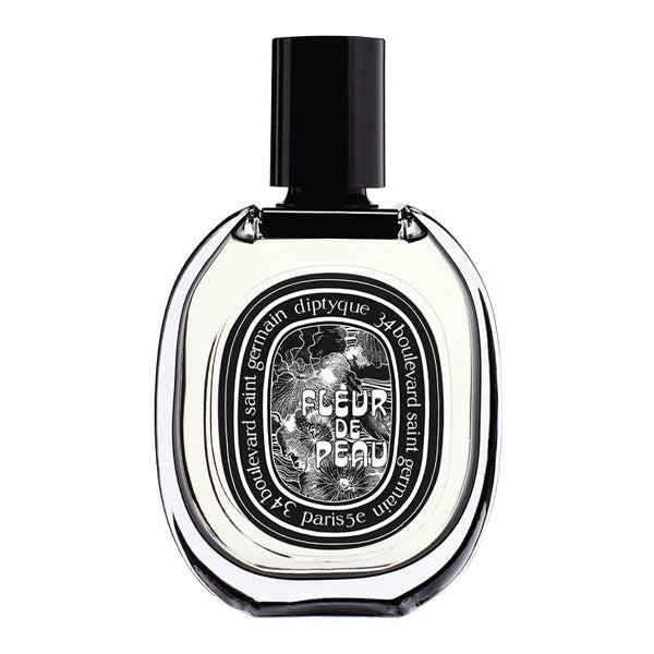 Diptyque - Fleur de Peau Flakon mit schwarzem Etikett und schlichtem schwarzem Verschluss vor weißem Hintergrund
