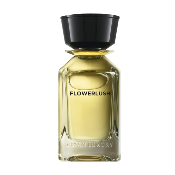 Omanluxury - Flowerlush Parfümflakon mit strahlendem, hellgelbem Duft und elegantem schwarzem Verschluss vor weißem Hintergrund