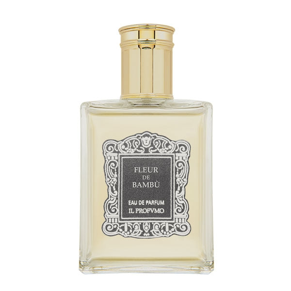 Il Profumo - Fleur de Bambù Parfumflakon mit rechteckigem Glas und goldenem Verschluss vor weißem Hintergrund