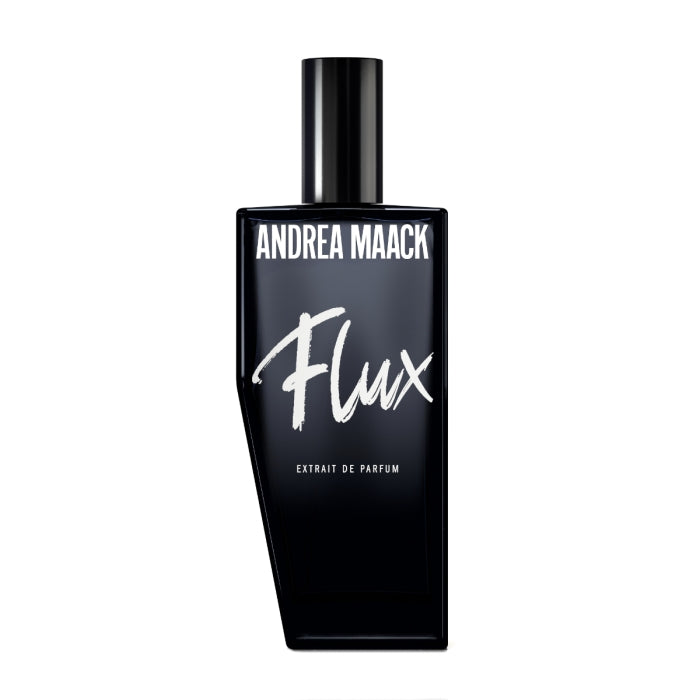 Andrea Maack Parfums - Flux eleganter schwarzer Flakon mit klarer weißer Schrift und schlichtem Design vor weißem Hintergrund