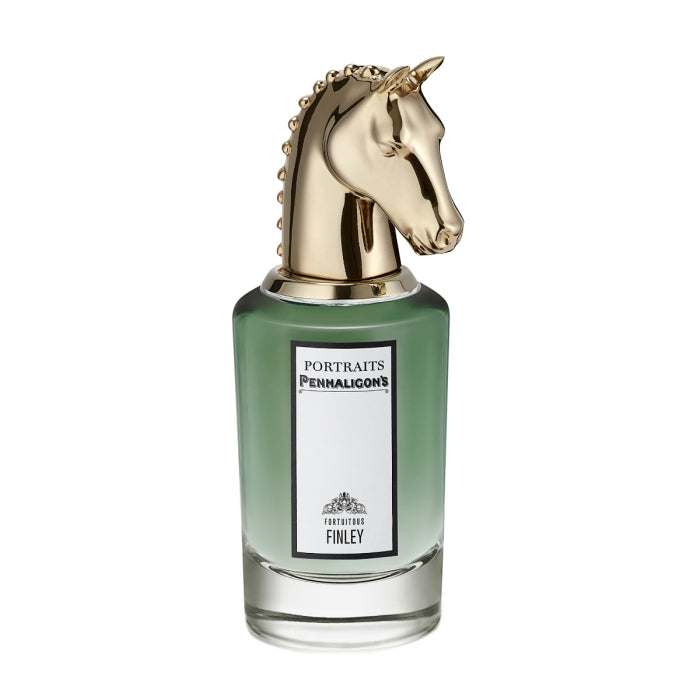 Penhaligon's - Portraits - Fortuitous Finley Parfumflakon mit grünem Glas und goldfarbenem Pferdekopf als Verschluss auf weißem Hintergrund