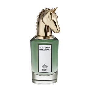 Penhaligon's - Portraits - Fortuitous Finley Parfumflakon mit grünem Glas und goldfarbenem Pferdekopf als Verschluss auf weißem Hintergrund