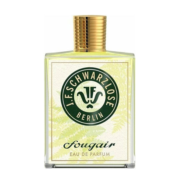 J.F. Schwarzlose Berlin - fougair Parfum mit zart grünem Pflanzenmotiv und goldfarbenem Verschluss vor weißem Hintergrund