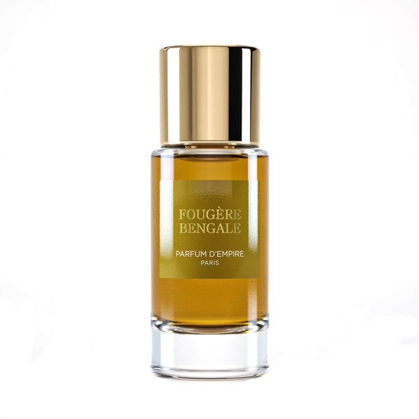 Parfum d'Empire - Fougère Bengale Flakon mit goldfarbenem Verschluss und bernsteinfarbener Flüssigkeit vor hellem Hintergrund