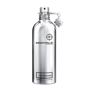 Montale - Fougères Marine Parfumflakon aus silbernem Metall mit schwarzer Schrift und Verschluss vor weißem Hintergrund