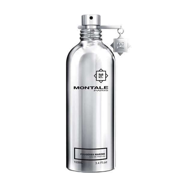 Montale - Fougères Marine Parfumflakon aus silbernem Metall mit schwarzer Schrift und Verschluss vor weißem Hintergrund