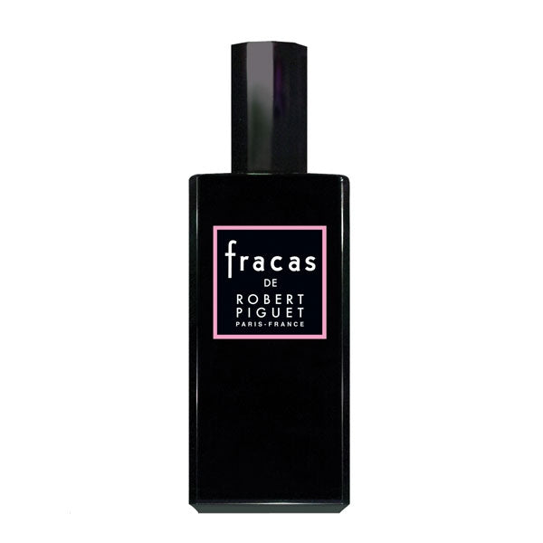 Piguet - Fracas Parfumflakon in elegantem schwarzem Design mit minimalistischer Typografie und zartem rosafarbenem Rahmen