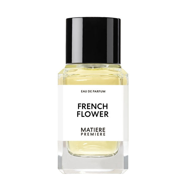Matière Première - French Flower zeigt rechteckigen Flakon mit schwarzem Deckel und hellem Duft vor weißem Hintergrund