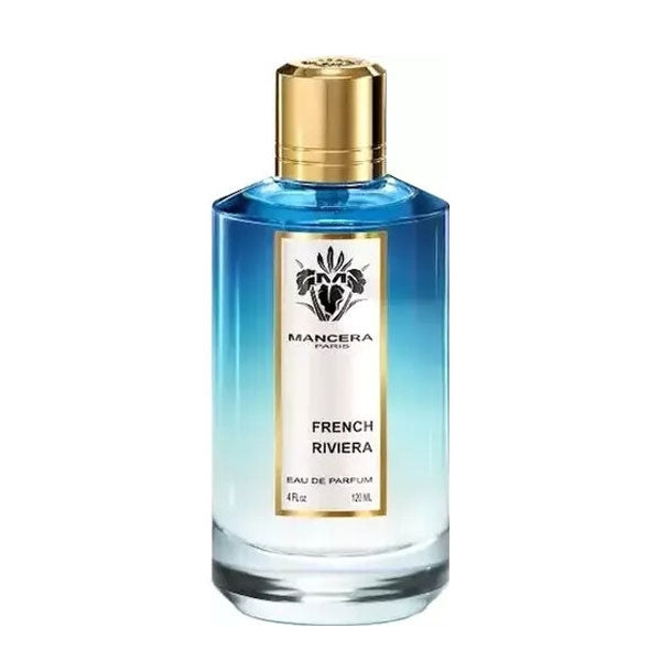 Mancera - French Riviera Parfumflakon in verlaufendem Blau mit goldfarbenem Verschluss und weißem Label vor weißem Hintergrund