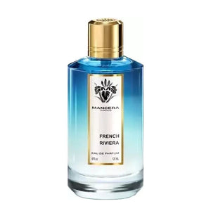 Mancera - French Riviera Parfumflakon in verlaufendem Blau mit goldfarbenem Verschluss und weißem Label vor weißem Hintergrund