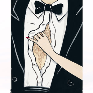 Frédéric Malle - French Lover Illustration einer Frau mit rotem Nagellack, die das Hemd eines Mannes mit Fliege öffnet