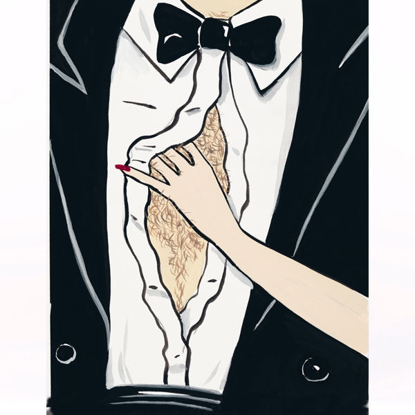 Frédéric Malle - French Lover Illustration einer Frau mit rotem Nagellack, die das Hemd eines Mannes mit Fliege öffnet