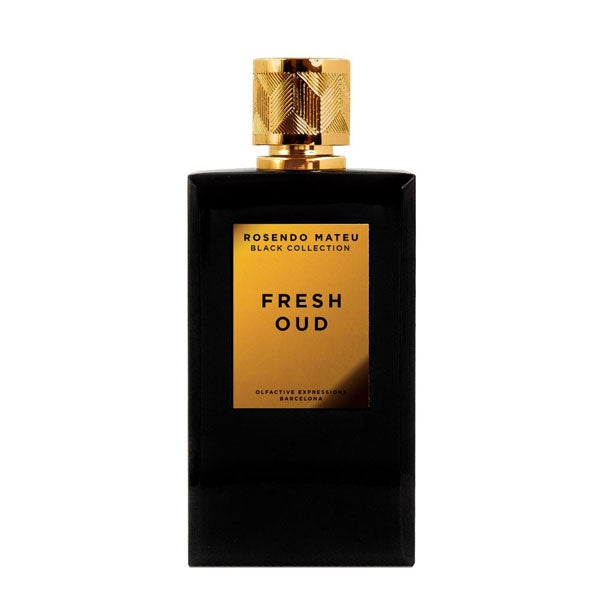 Rosendo Mateu - Black Collection - Fresh Oud Parfumflakon in elegantem Schwarz mit goldenem Etikett und Verschluss vor weißem Hintergrund