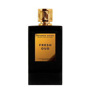 Rosendo Mateu - Black Collection - Fresh Oud Parfumflakon in elegantem Schwarz mit goldenem Etikett und Verschluss vor weißem Hintergrund