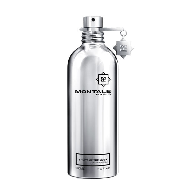 Montale - Fruits of the Musk silberfarbener Metallflakon mit Anhänger und schwarzem Schriftzug vor weißem Hintergrund