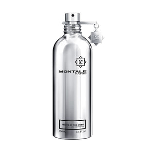 Montale - Fruits of the Musk silberfarbener Metallflakon mit Anhänger und schwarzem Schriftzug vor weißem Hintergrund