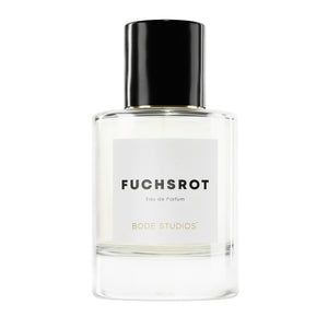 Bodé Studios - Fuchsrot Parfumflakon mit klarem Glas und schwarzem Verschluss vor weißem Hintergrund