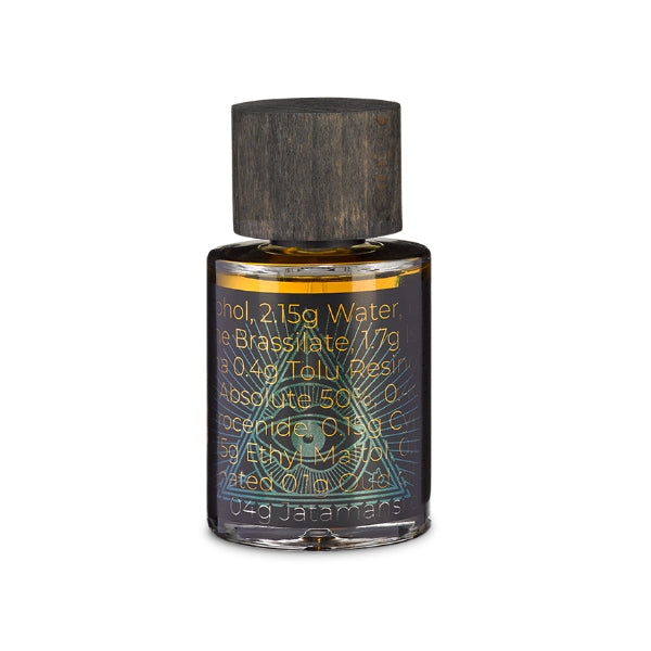 PERFUME.SUCKS - Fuel 0987 Parfumflakon mit dunklem Holzkopf und chemischem Formel-Design vor weißem Hintergrund