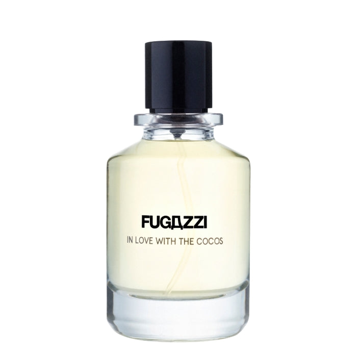 Fugazzi - In Love with the Cocos Parfumflakon mit hellem Duft und schwarzem Verschluss vor weißem Hintergrund