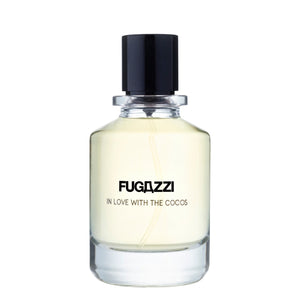 Fugazzi - In Love with the Cocos Parfumflakon mit hellem Duft und schwarzem Verschluss vor weißem Hintergrund