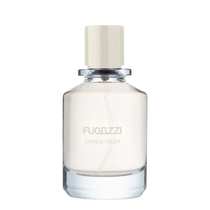 Fugazzi - Orange Crush Parfumflakon mit klarer Flasche und elfenbeinfarbenem Verschluss vor weißem Hintergrund