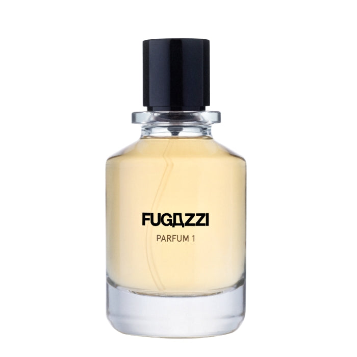 Fugazzi - Parfum 1 in elegantem klaren Flakon mit schwarzem Deckel, minimalistisch vor weißem Hintergrund präsentiert
