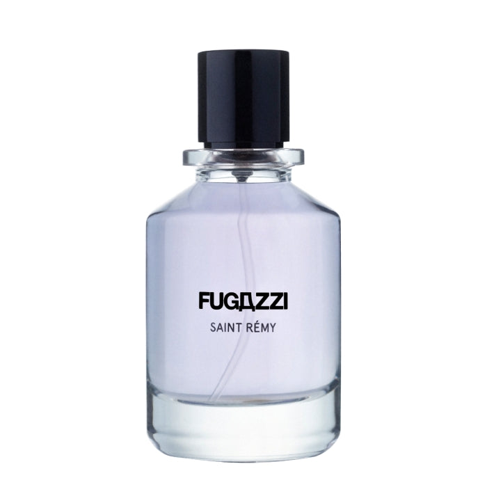 Fugazzi - Saint Rémy Parfumflakon mit zart violettem Duft und schwarzem Deckel vor weißem Hintergrund