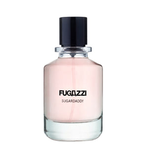 Fugazzi - Sugardaddy Parfumflakon mit zart roséfarbenem Duft und schwarzem Verschluss vor weißem Hintergrund