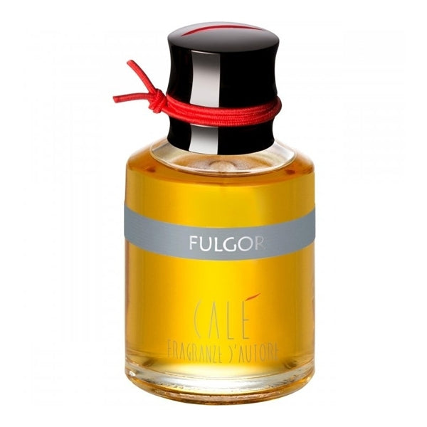 Calé Fragranze d'Autore - Fulgor Flakon mit schwarzem Verschluss und rotem Band vor weißem Hintergrund
