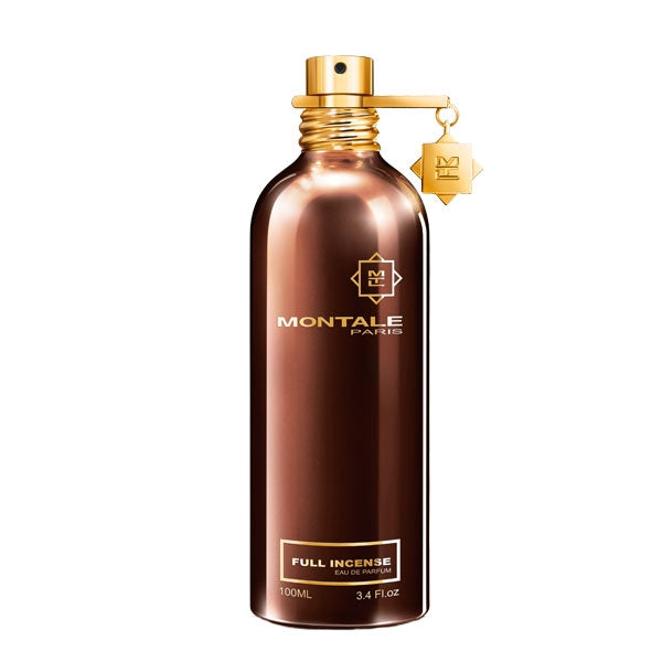 Montale - Full Incense brauner Metallflakon mit goldenem Sprühkopf und Anhänger vor weißem Hintergrund