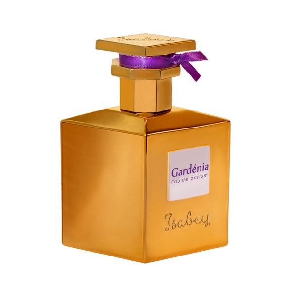 Isabey - Gardenia Parfumflakon in goldfarbenem Design mit quadratischer Form und lila Schleife am Verschluss vor weißem Hintergrund
