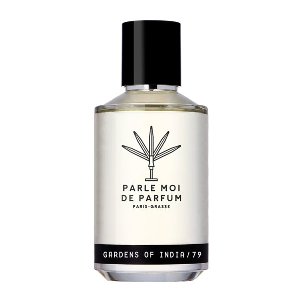 Parle Moi de Parfum - Gardens of India / 79 Flakon mit klarer Flüssigkeit und schwarzem Verschluss vor weißem Hintergrund