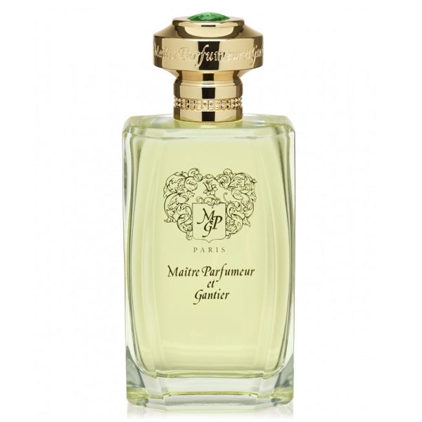 Maître Parfumeur et Gantier - Garrigue Glasflakon mit goldfarbenem Verschluss und dekorativem Logo auf weißem Hintergrund