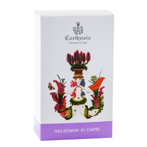Carthusia - Gelsomini di Capri elegante weiße Verpackung mit farbenfroher floraler Illustration und violettem Schriftzug