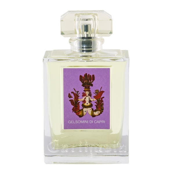 Carthusia - Gelsomini di Capri Parfumflakon mit elegantem rechteckigem Glas und violettem Etikett vor weißem Hintergrund