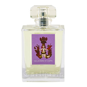 Carthusia - Gelsomini di Capri Parfumflakon mit elegantem rechteckigem Glas und violettem Etikett vor weißem Hintergrund