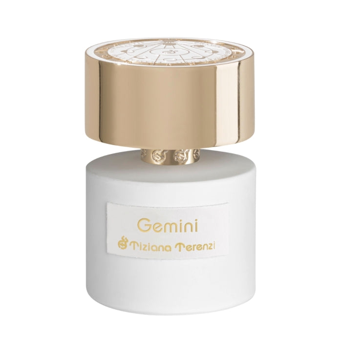 Tiziana Terenzi - Gemini Flakon in weiß mit goldenem Verschluss und astrologischem Symbol auf der Oberseite