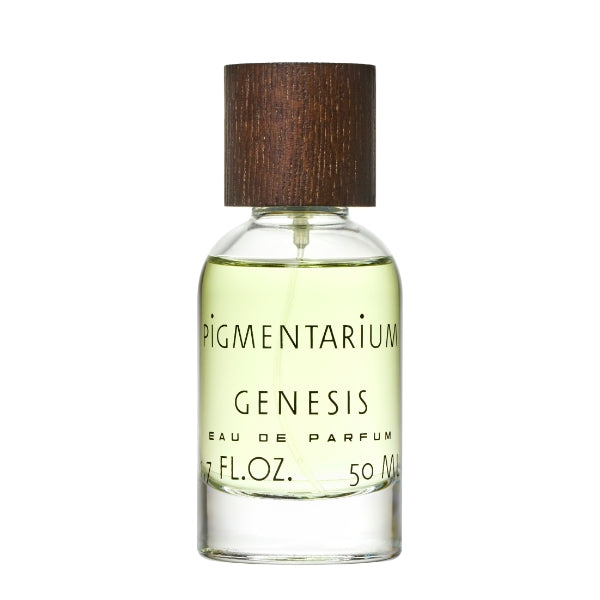 Pigmentarium - Genesis zeigt klaren Flakon mit hellgrünem Duftöl und markantem dunkelbraunem Holzverschluss auf weißem Hintergrund