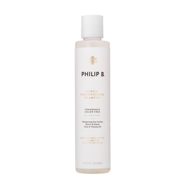Philip B - Gentle Conditioning Shampoo Flakon in hellem Design mit schwarzer und goldener Schrift vor weißem Hintergrund