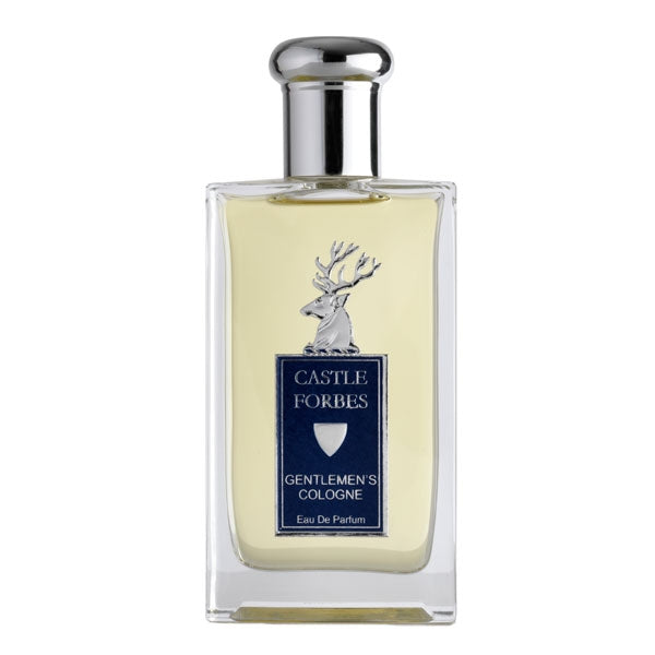 Castle Forbes Gentlemen's Cologne bottle with silver stag emblem and citrus, oakmoss, lavender scent in clear glass design