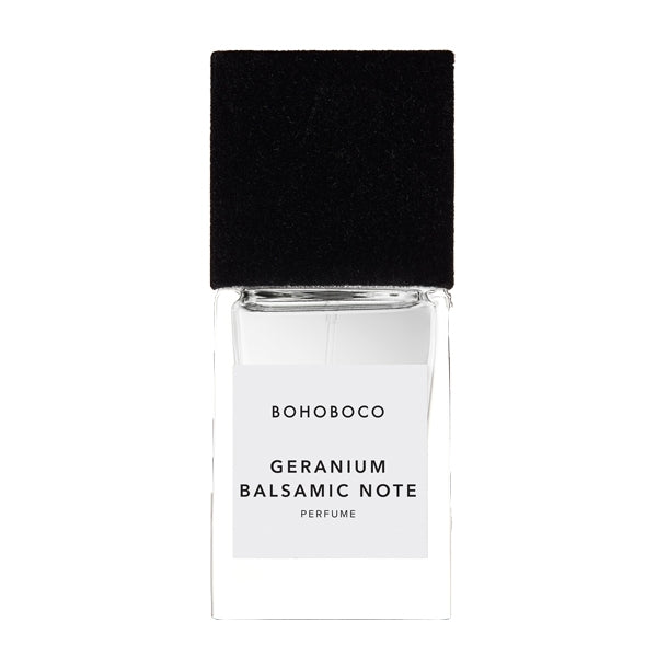 BOHOBOCO - Geranium Balsamic Note Parfumflakon mit klarem Glas und schwarzem rechteckigem Verschluss auf weißem Hintergrund
