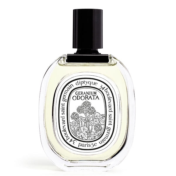 Diptyque - Geranium Odorata Parfumflakon mit klarem Glas und schwarzem Verschluss, floral inspiriertes Design