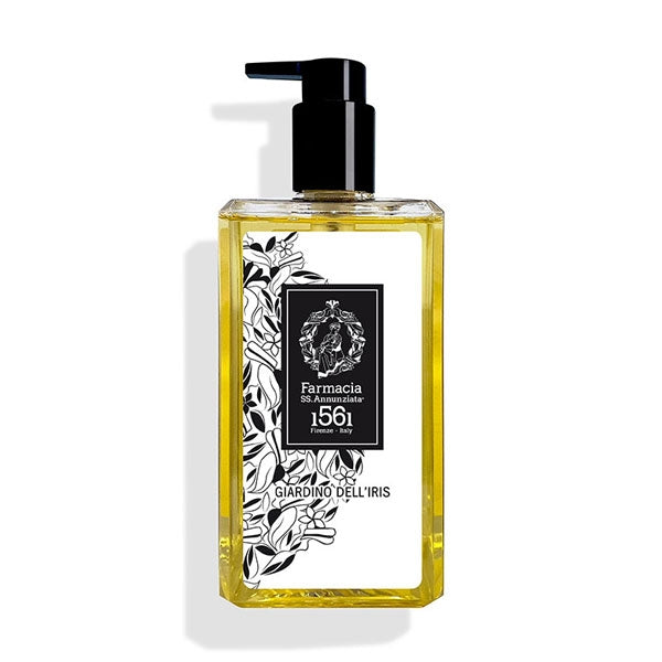 Farmacia SS. Annunziata - Giardino dell'Iris - Duschgel in rechteckiger Flasche mit schwarzem Pumpspender und floralem Design