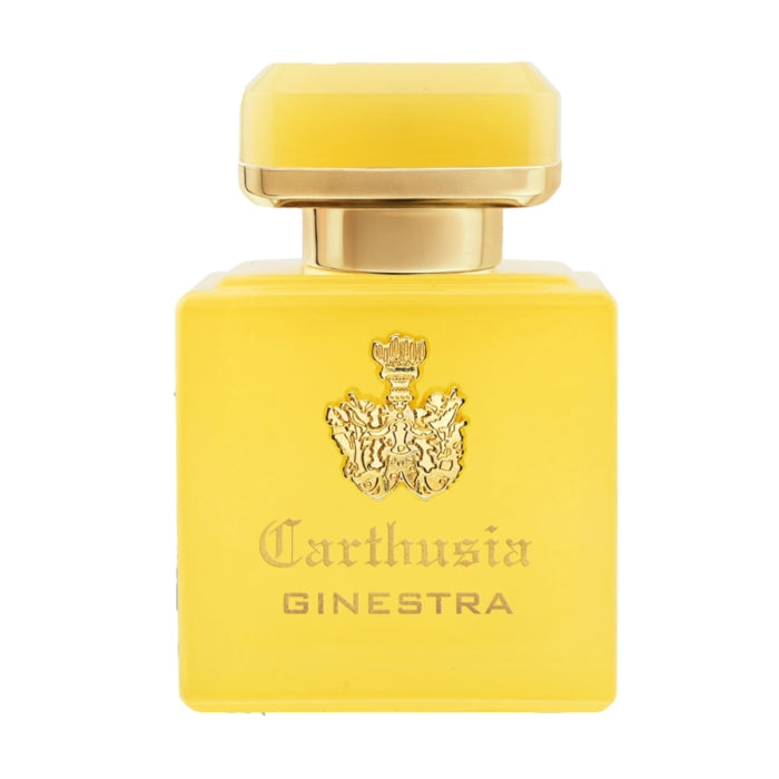 Carthusia - Intenso Collection - Ginestra zeigt goldgelben Flakon mit goldenem Wappen auf weißem Hintergrund