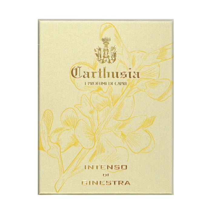 Carthusia - Intenso Collection - Ginestra zeigt edle goldene Verpackung mit filigranem Ginsterblüten-Motiv und elegantem Schriftzug