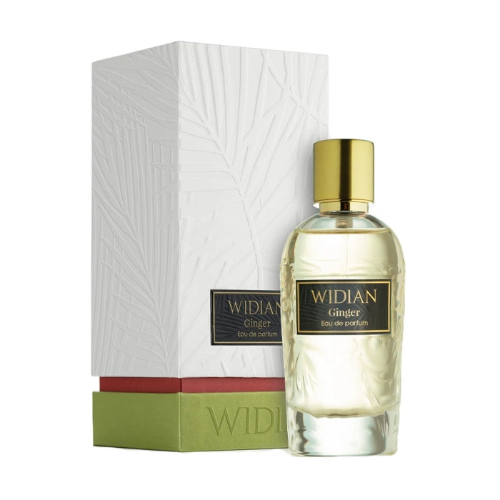 Widian - Rose Arabia Collection - Ginger Parfumflakon mit goldfarbenem Verschluss und eleganter Verpackung in Weiß und Olivgrün